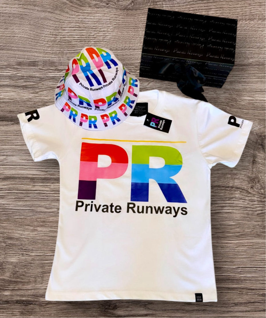 Private Runways PR Logo T-Shirt & Bucket Hat Set Never Coming Back Out
